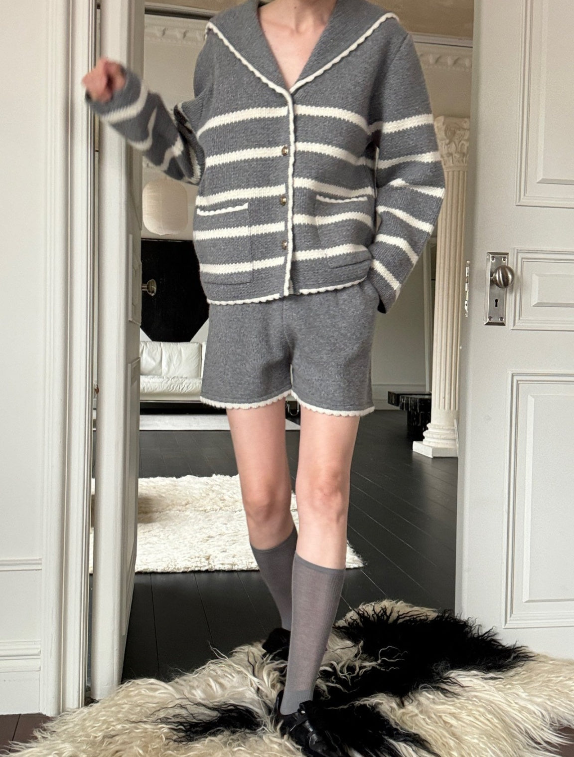 Marine Wool Cardigan Short 2pc Set