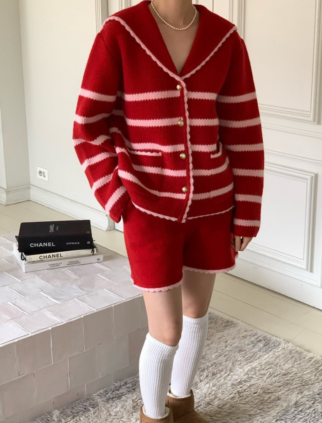 Marine Wool Cardigan Short 2pc Set