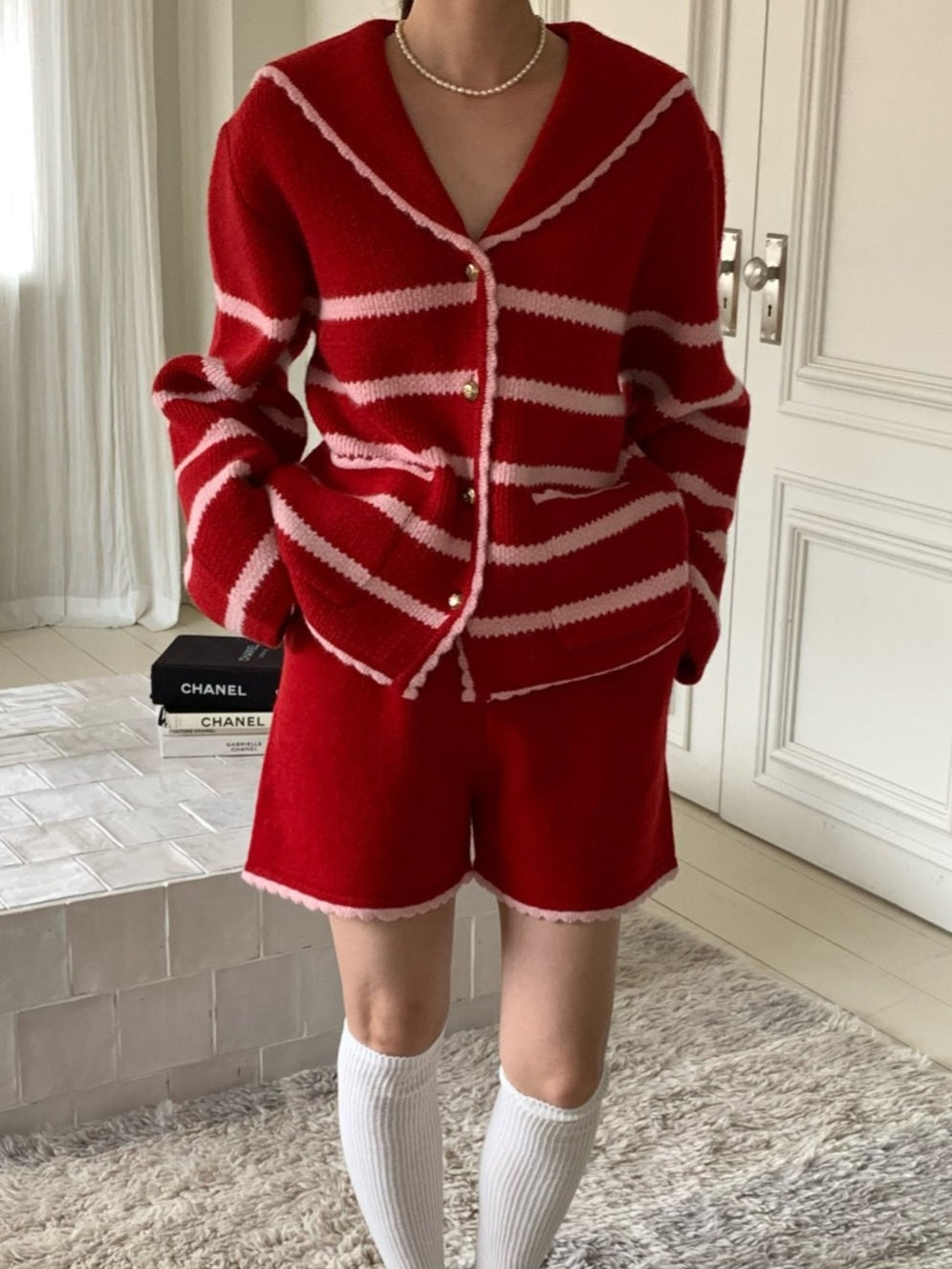 Marine Wool Cardigan Short 2pc Set