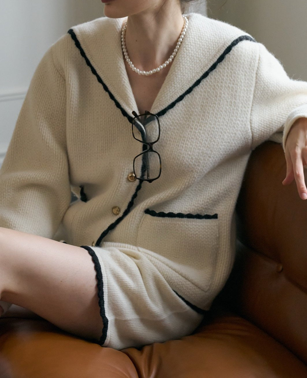Marine Wool Cardigan Short 2pc Set