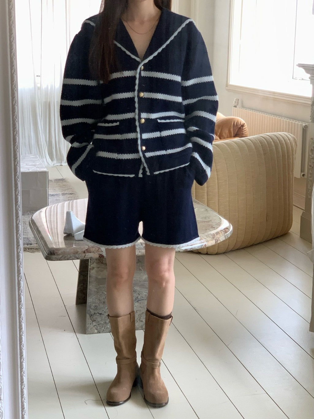 Marine Wool Cardigan Short 2pc Set