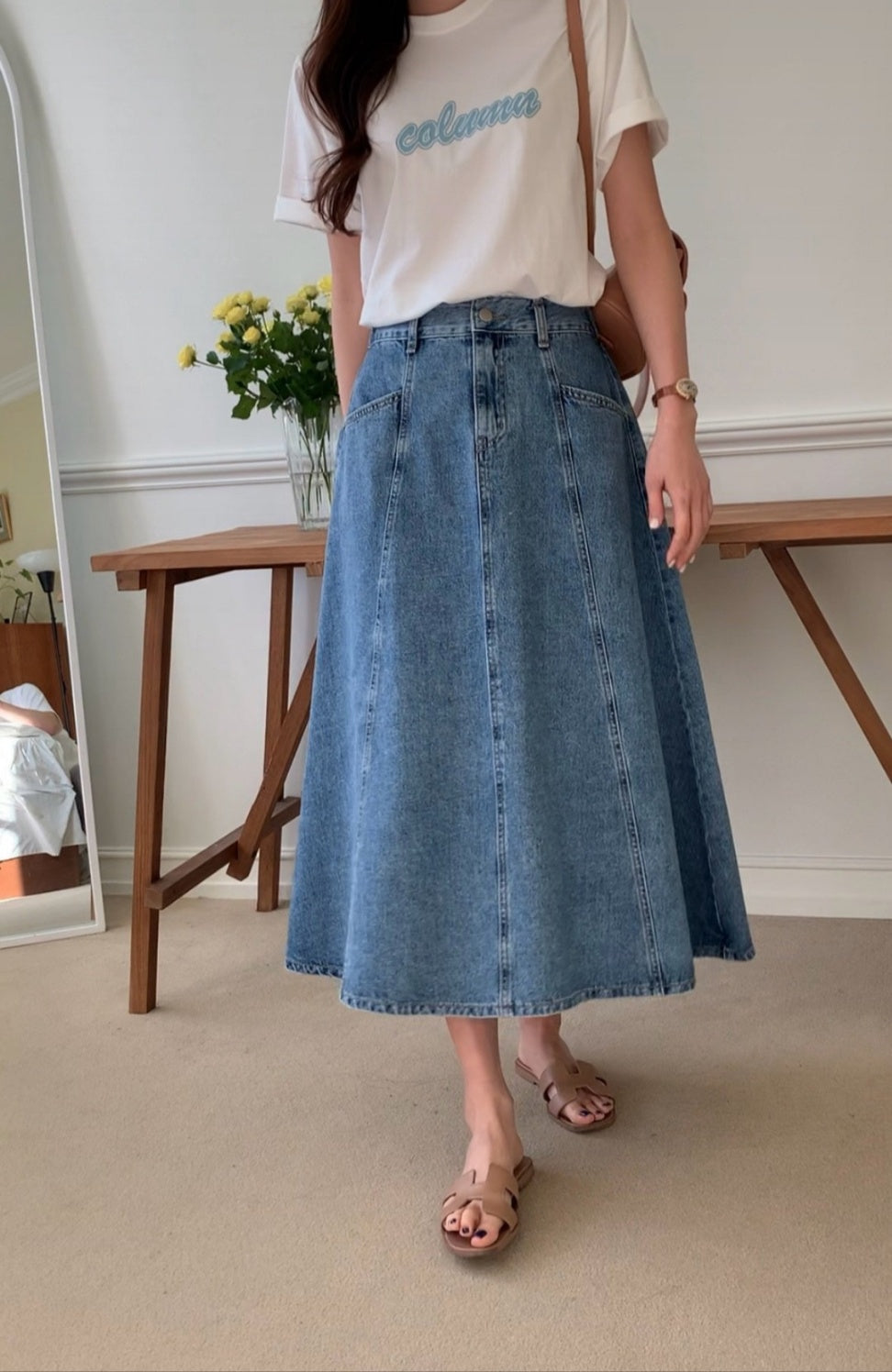 Denim Flare Midi Skirt