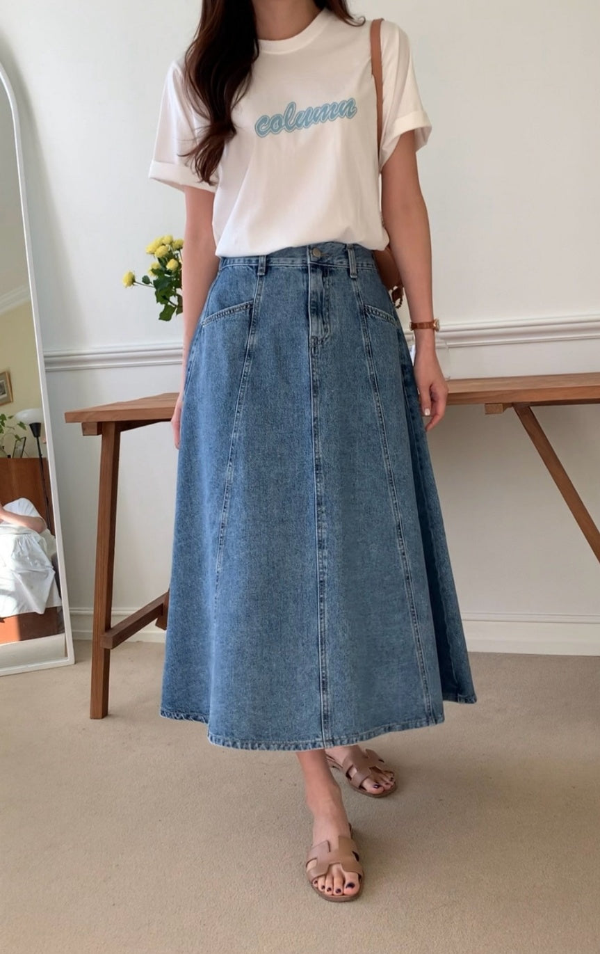 Denim Flare Midi Skirt