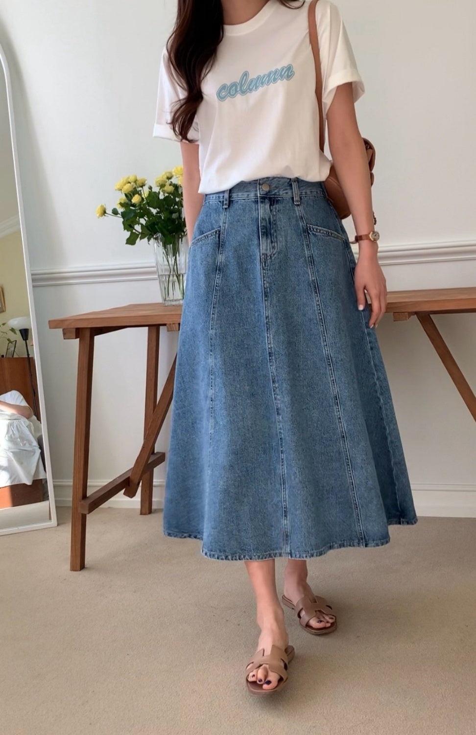 Denim Flare Midi Skirt