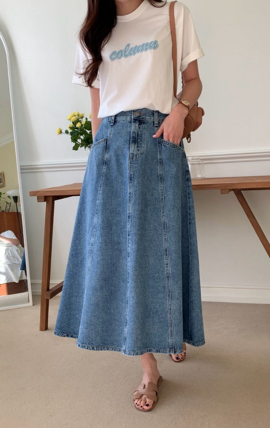 Denim Flare Midi Skirt