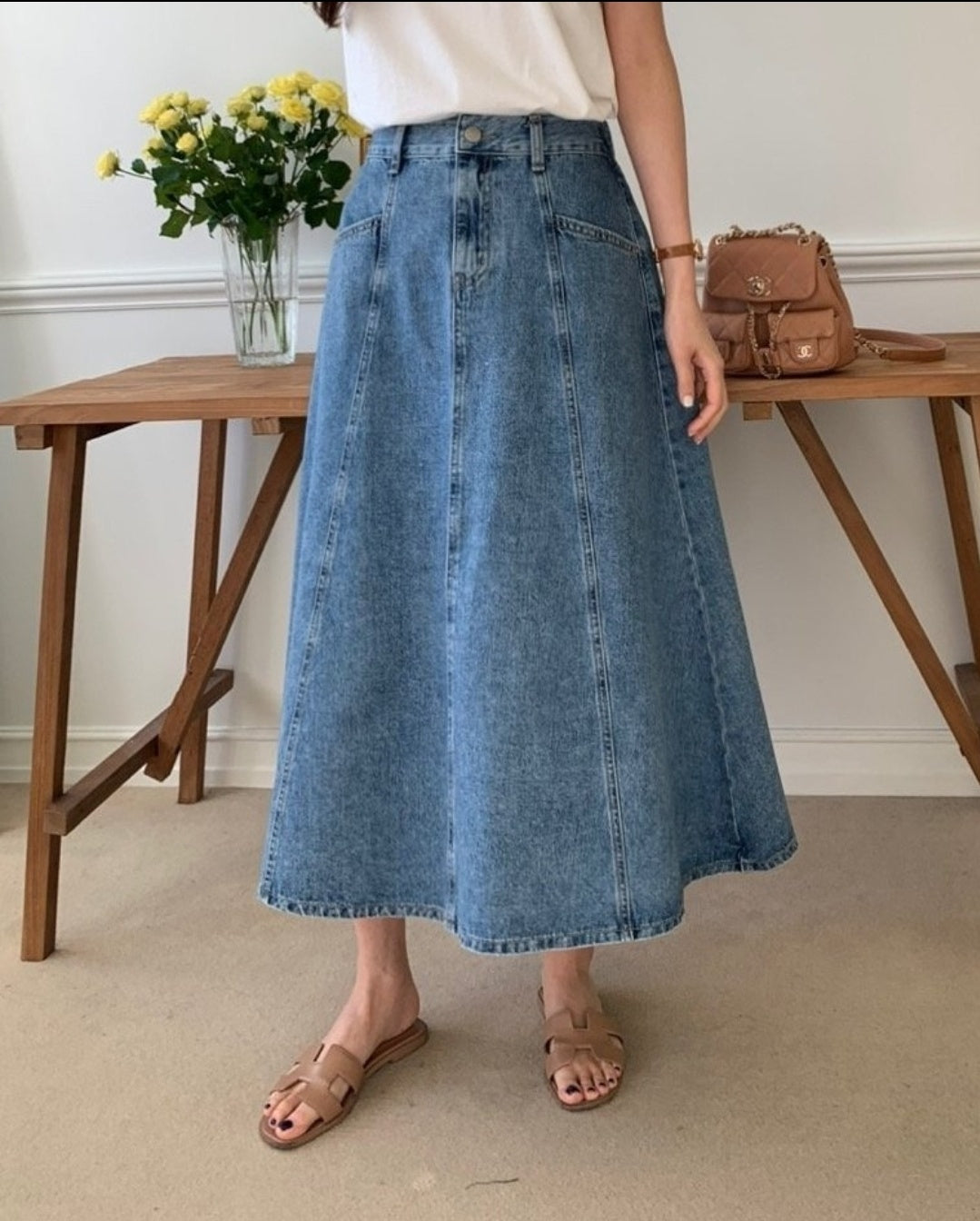 Denim Flare Midi Skirt