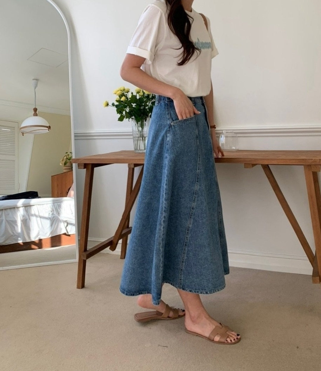 Denim Flare Midi Skirt