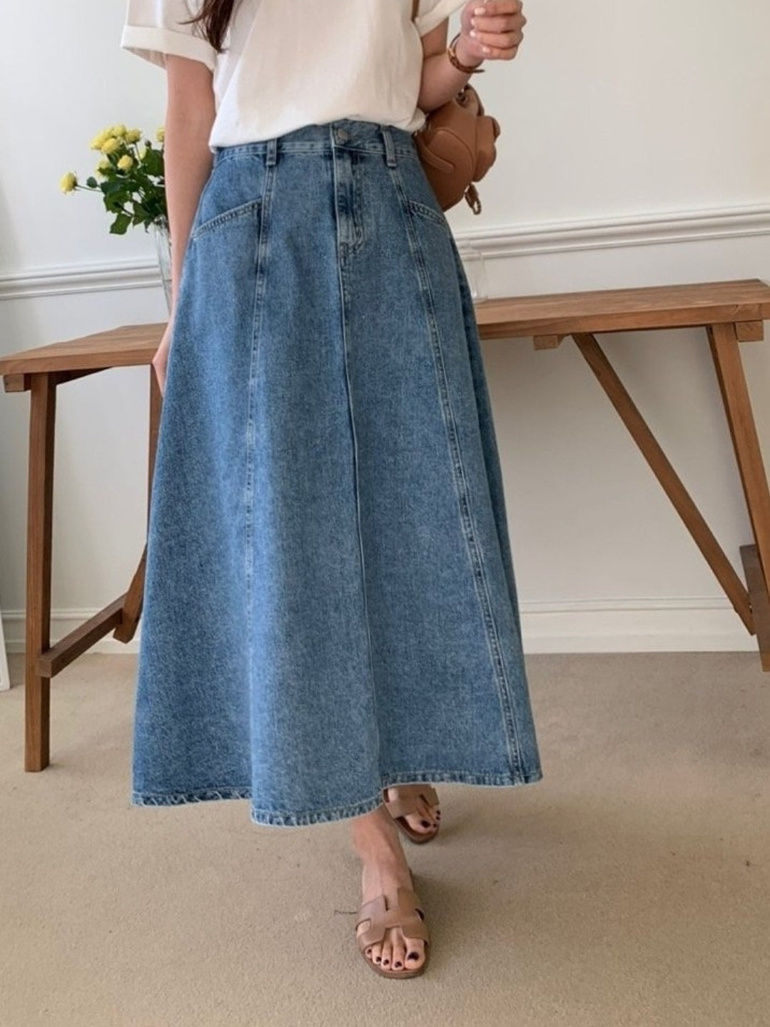 Denim Flare Midi Skirt