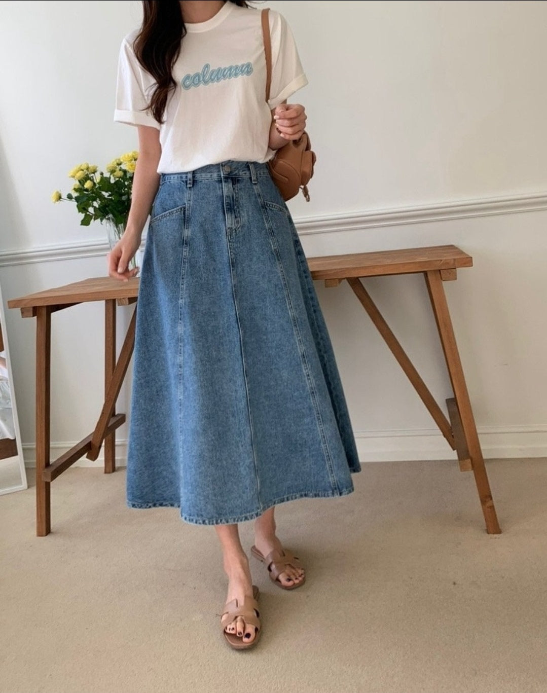 Denim Flare Midi Skirt