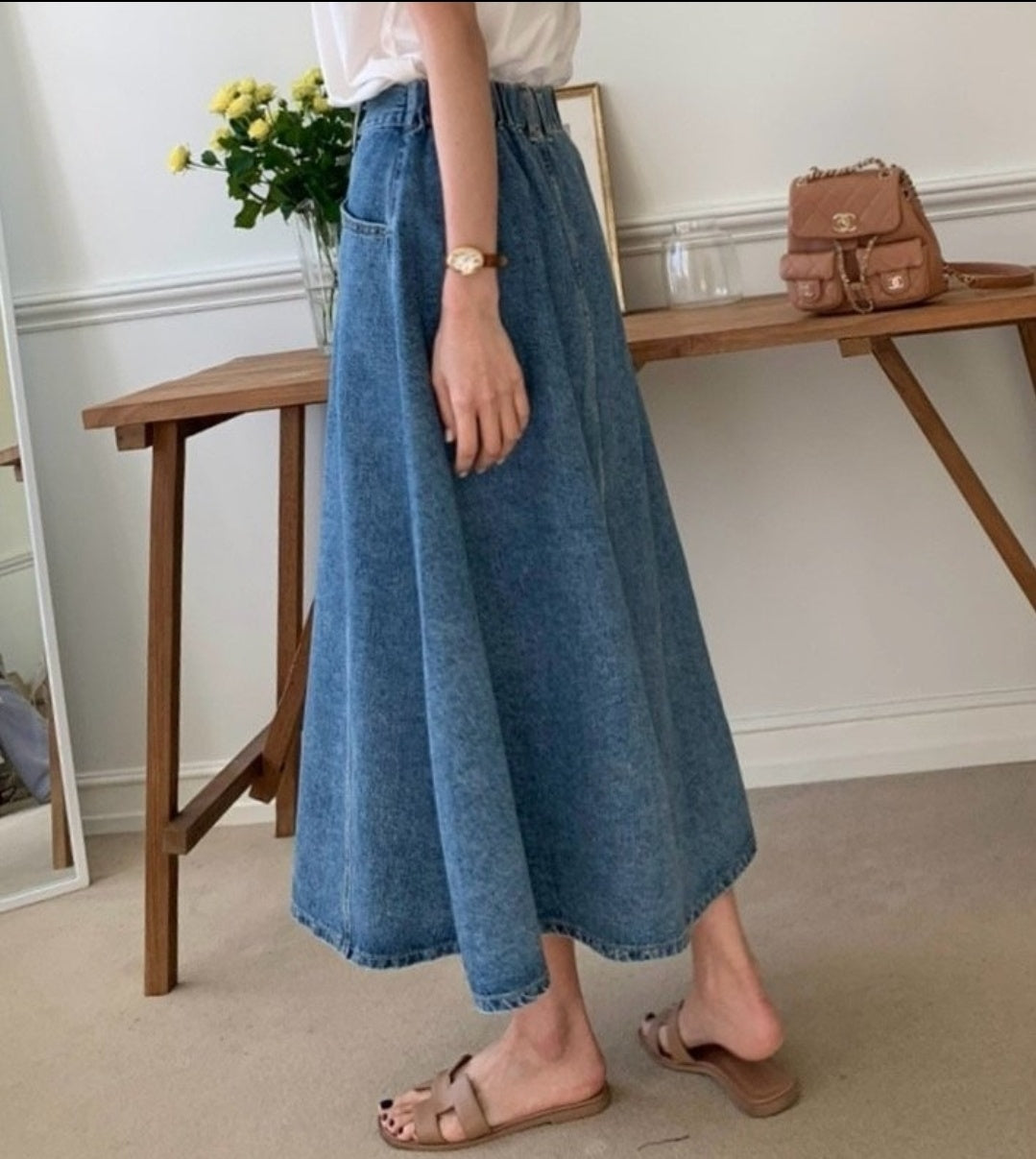 Denim Flare Midi Skirt
