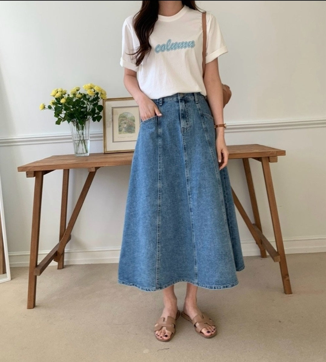 Denim Flare Midi Skirt