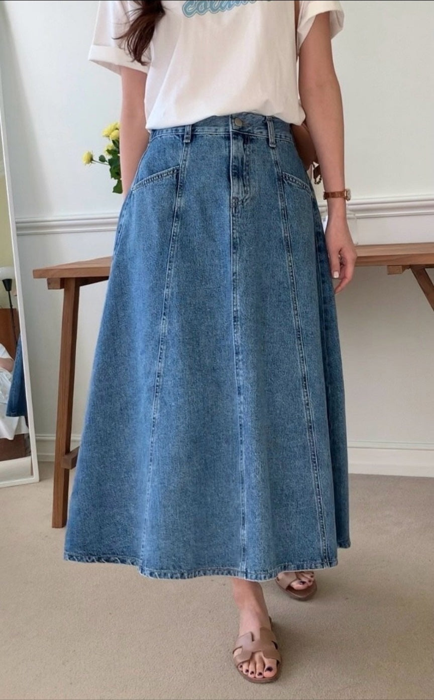Denim Flare Midi Skirt