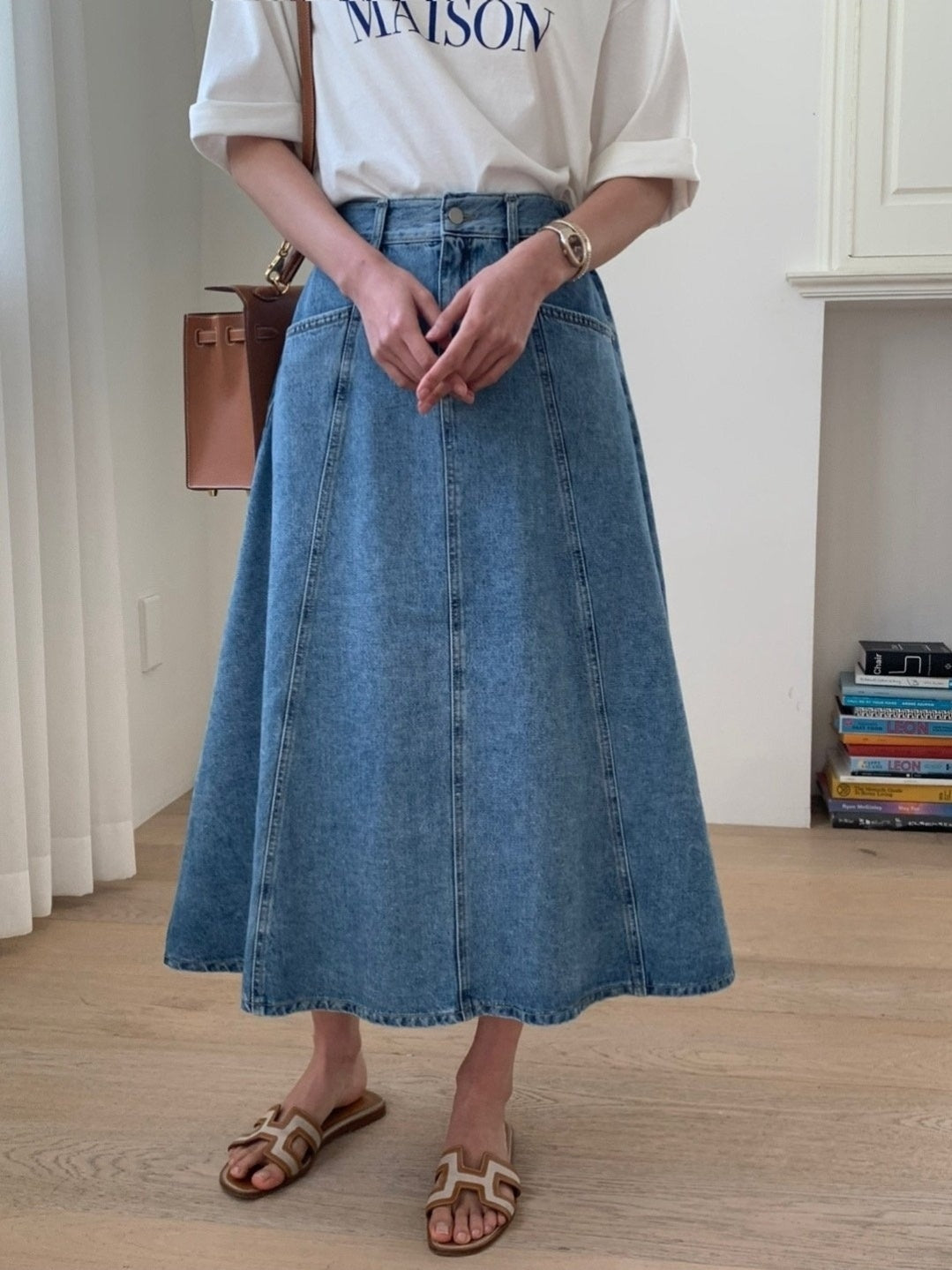 Denim Flare Midi Skirt