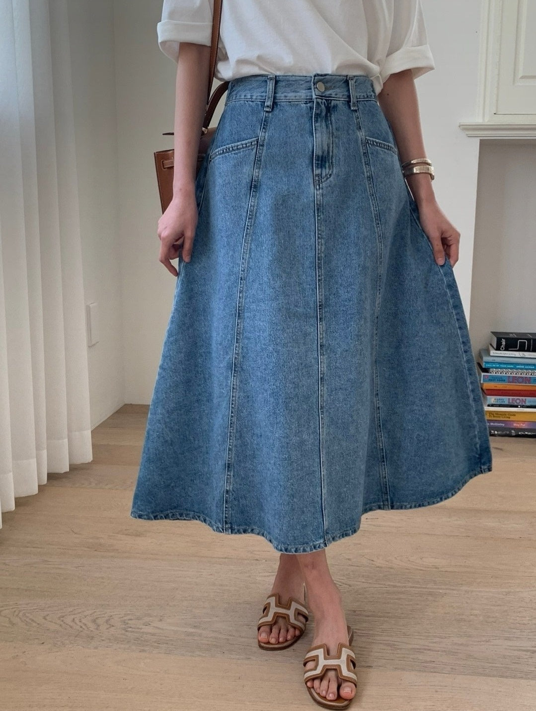 Denim Flare Midi Skirt