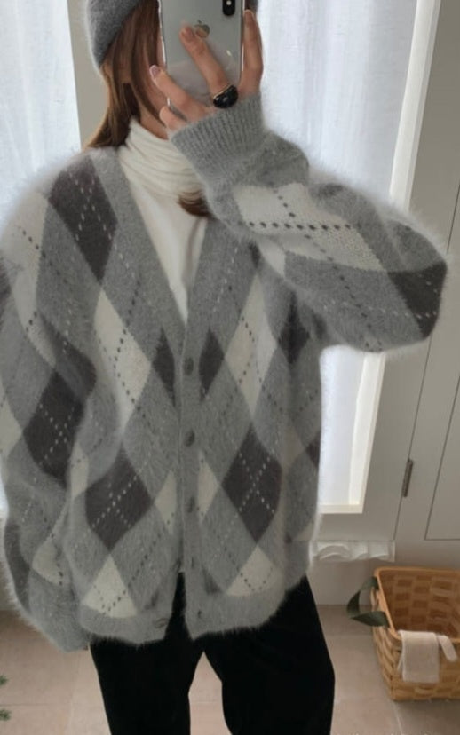 Angora Argyle Cardigan